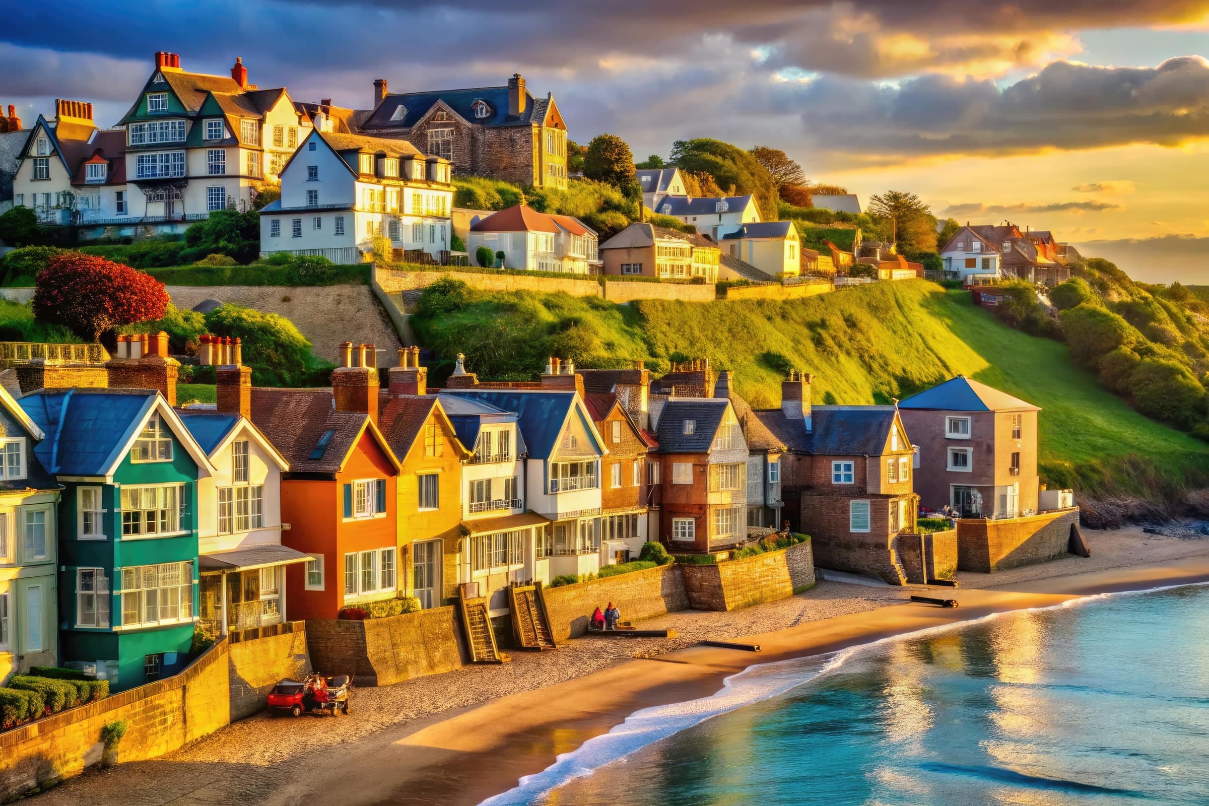 Colourful seaside homes on a hillside above a sandy beach at sunset